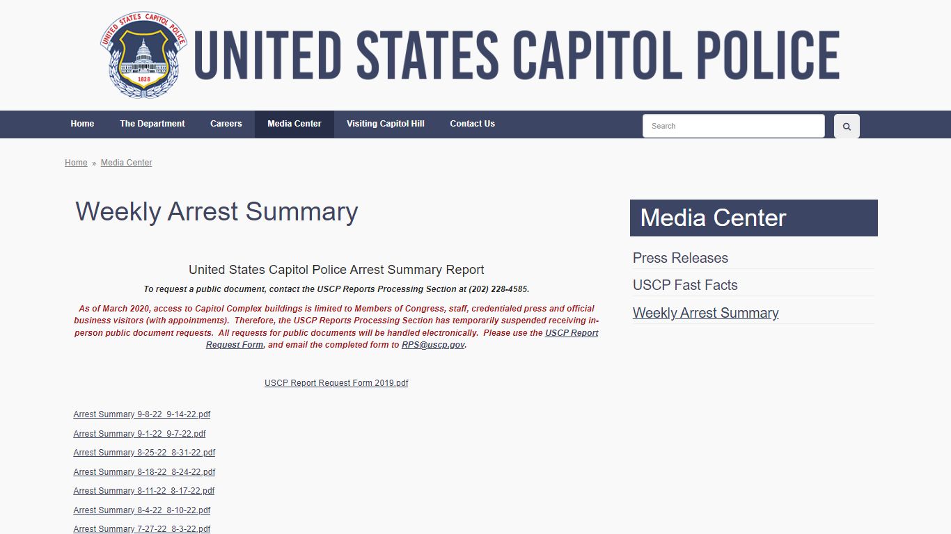 Weekly Arrest Summary | United States Capitol Police