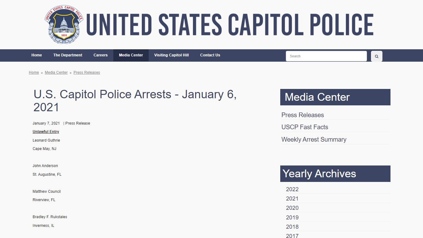 U.S. Capitol Police Arrests - January 6, 2021